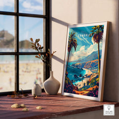 Tenerife Travel Print - Canary Islands displayed in a sunlit room with a beach view and tropical plants.