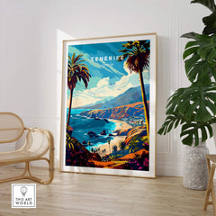 Tenerife Travel Print - Canary Islands showcasing tropical landscape with palm trees and ocean views.