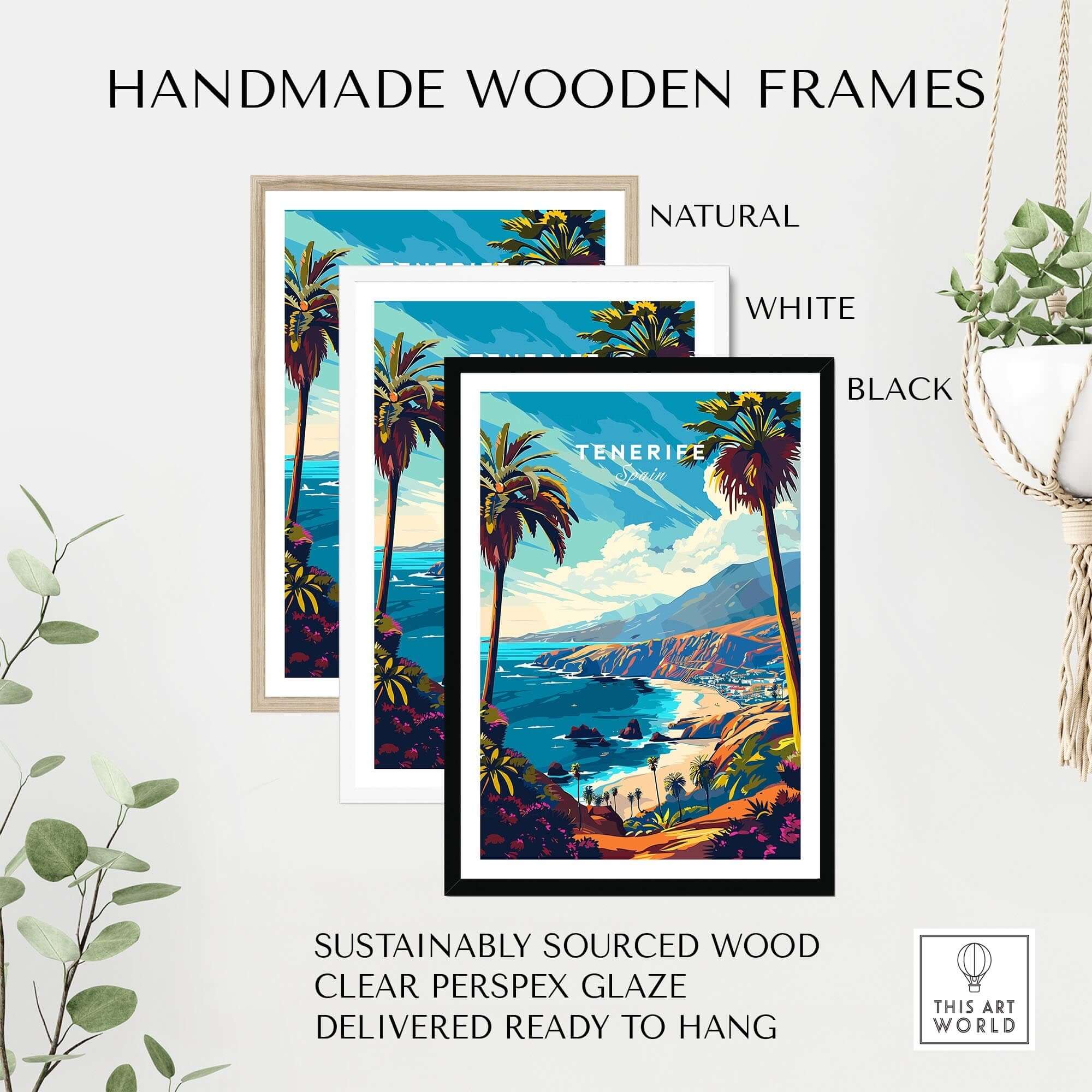 Tenerife Travel Print - Canary Islands framed in handmade wooden frames: natural, white, and black options.