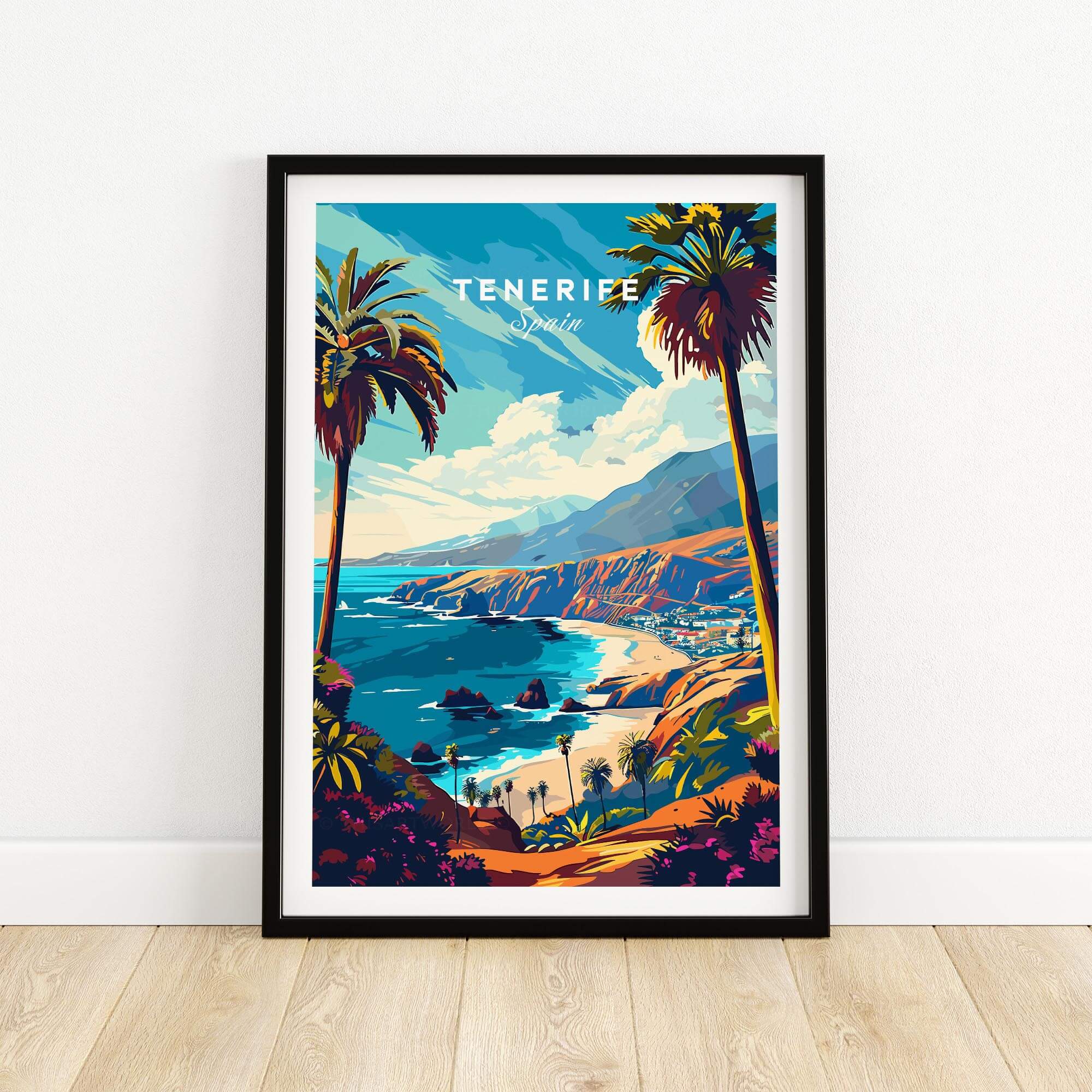 Tenerife Travel Print - Canary Islands showcasing vibrant coastal scenery and palm trees in Spain.
