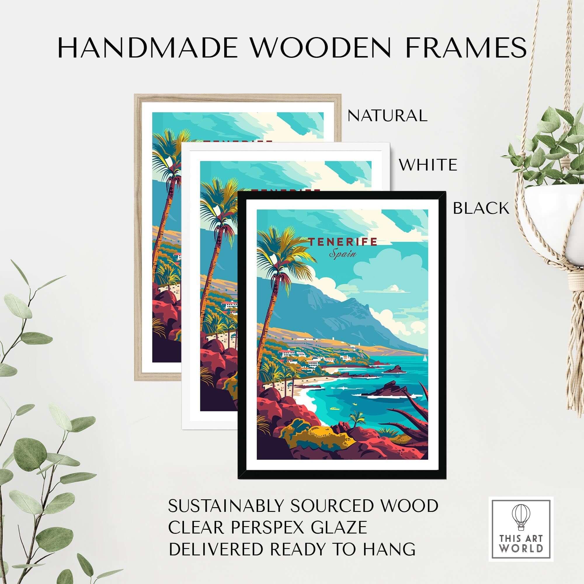 Tenerife - Wall Art Print - Canary Islands displayed in handmade wooden frames in natural, white, and black options.