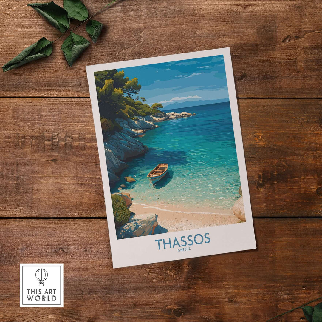 Thassos Greece Art Print showcasing a tranquil beach scene with blue waters and a small boat for coastal decor.