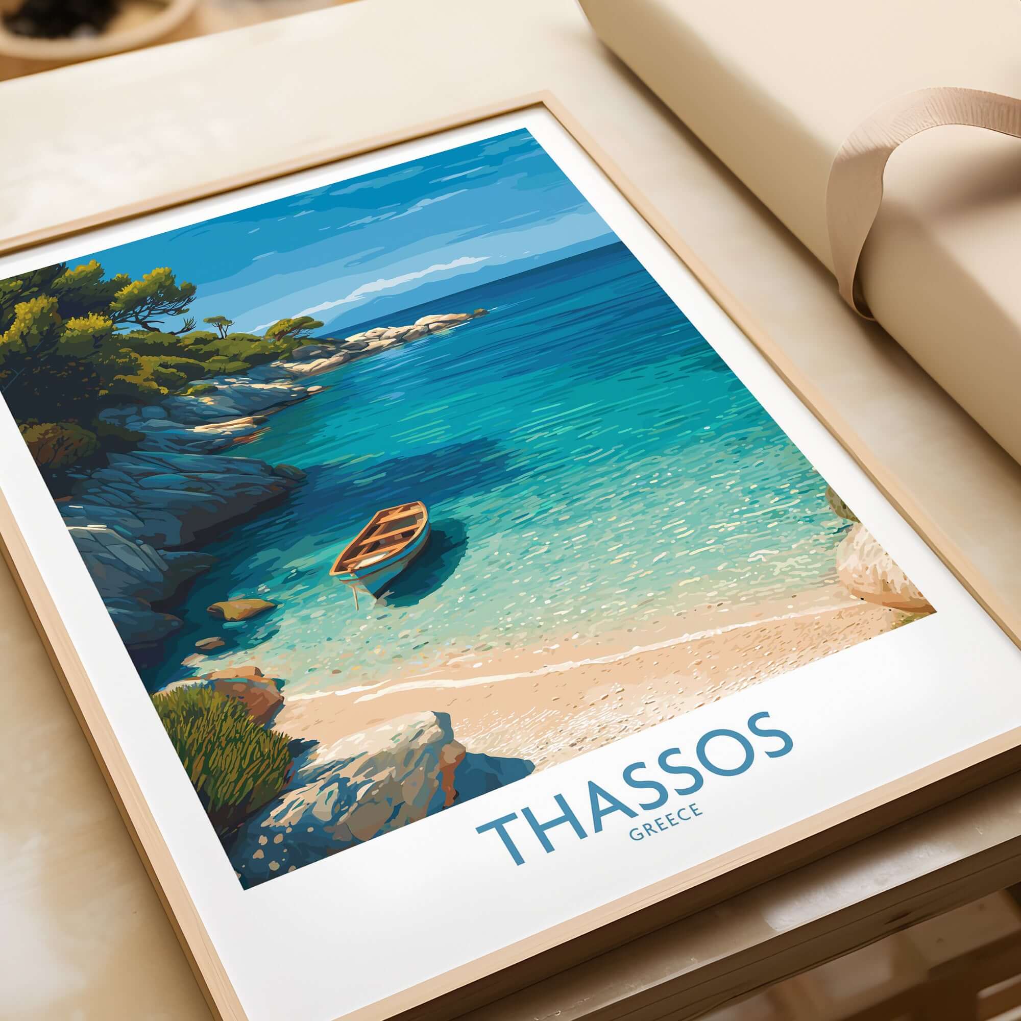 Thassos Greece Art Print featuring a tranquil beach scene with crystal clear waters and a small boat.