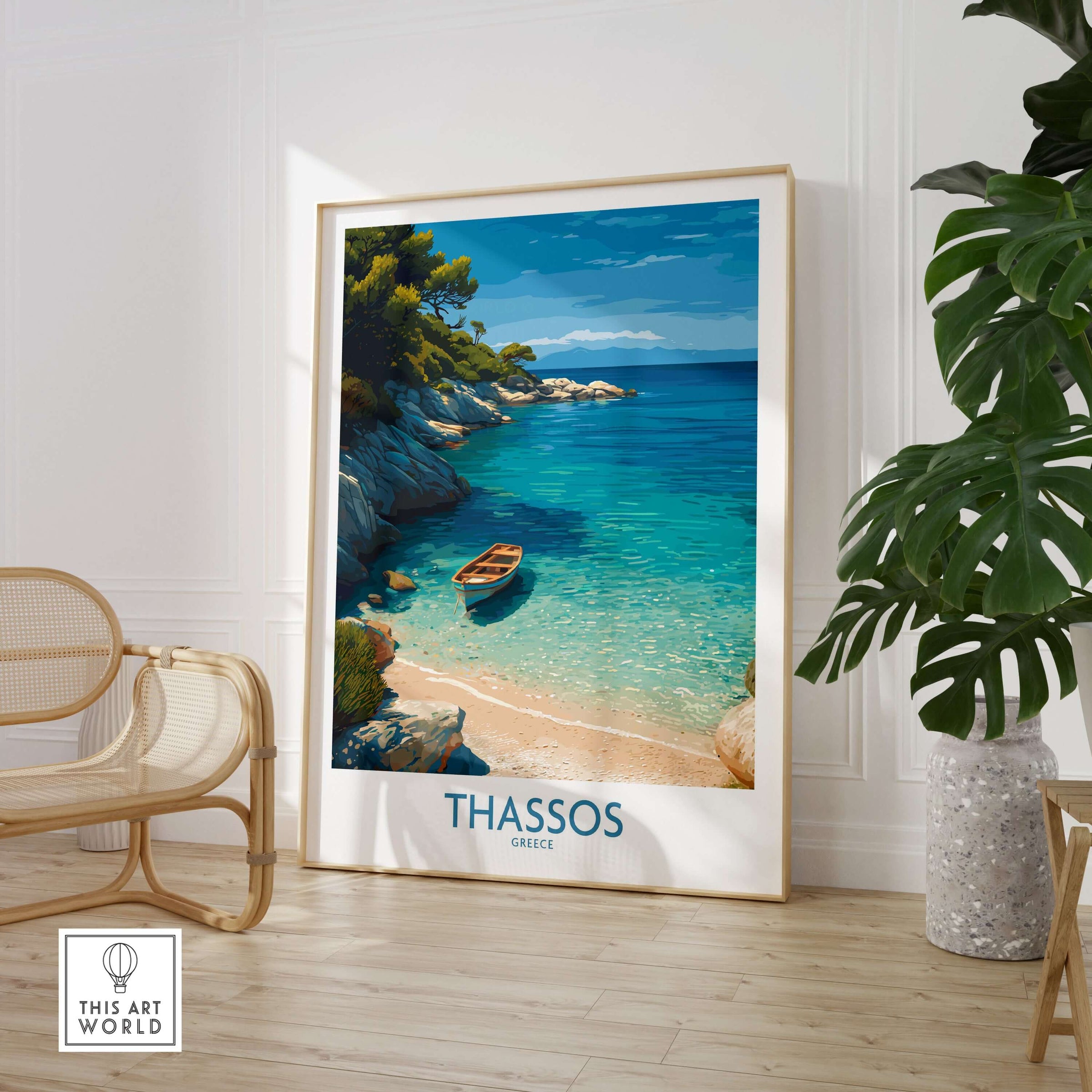 Thassos Greece Art Print showcasing a tranquil beach scene with golden sands and blue waters in a stylish interior setting.