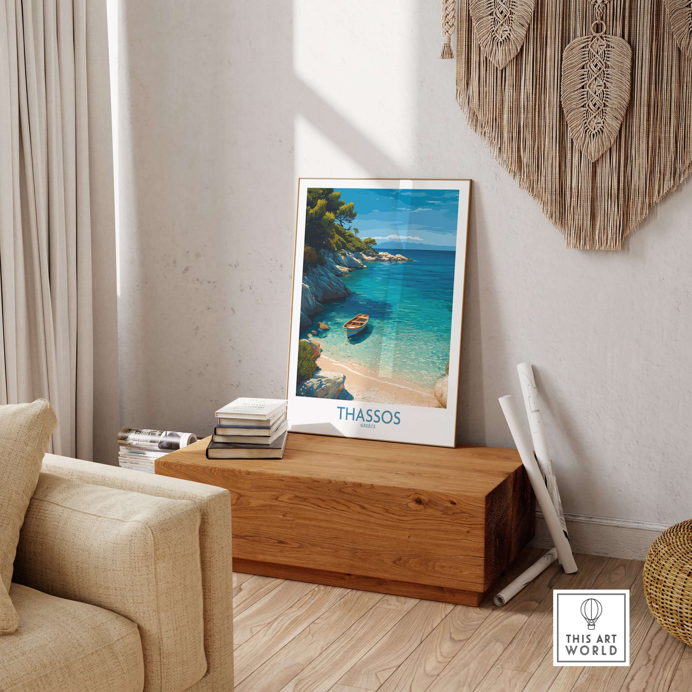 Thassos Greece Art Print featuring a serene beach scene with golden sands and blue waters in a cozy living room setting.