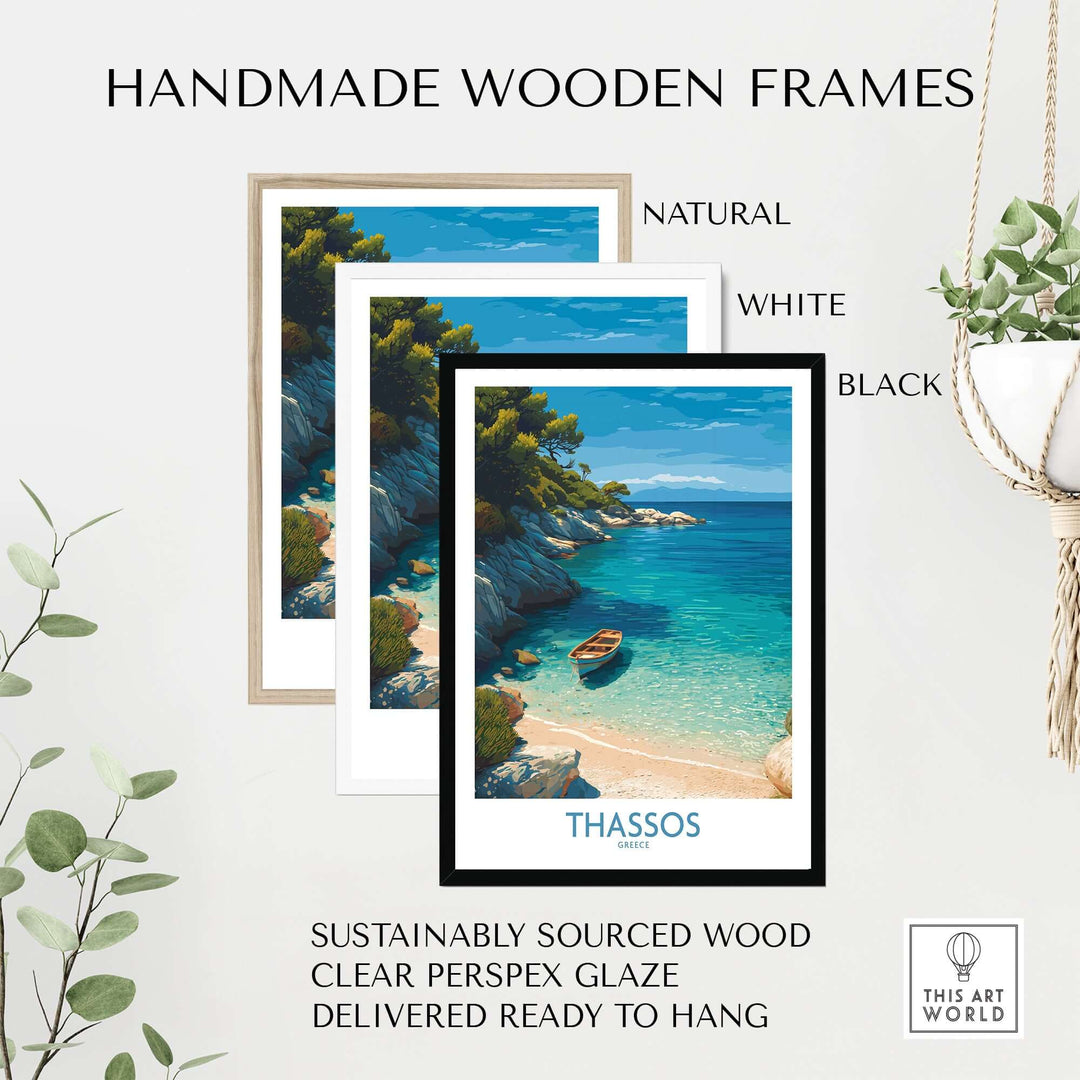 Thassos Greece Art Print displayed in handmade wooden frames including natural, white, and black options.