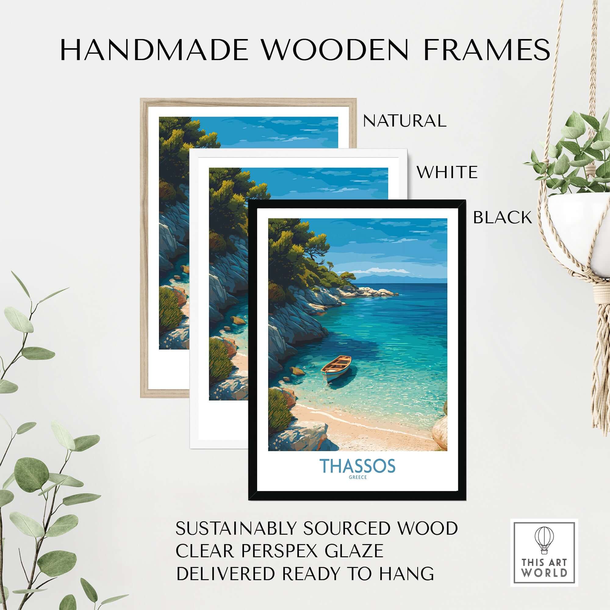 Thassos Greece Art Print displayed in handmade wooden frames in natural, white, and black finishes.