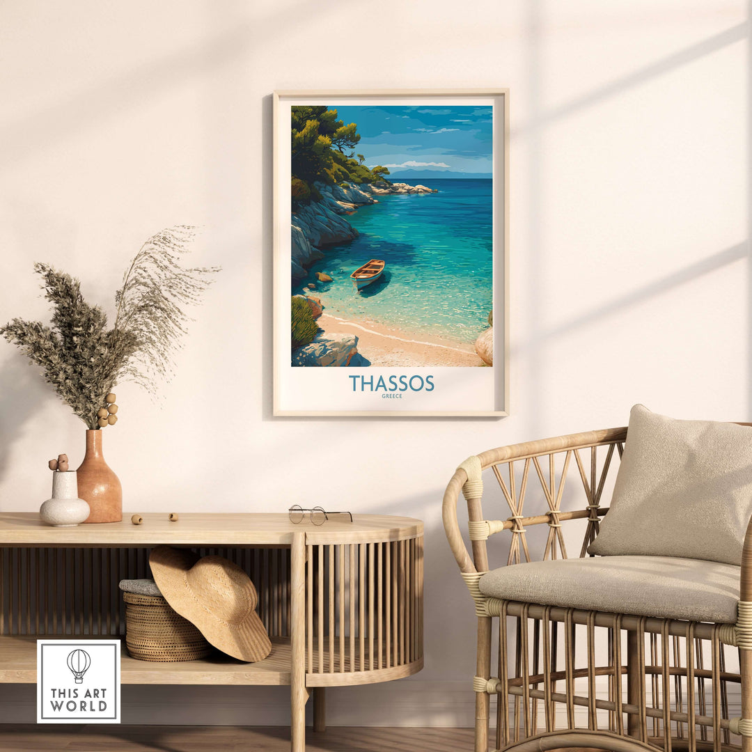 Thassos Greece Art Print displayed in a stylish living room showcasing a beach scene with boat and clear waters.