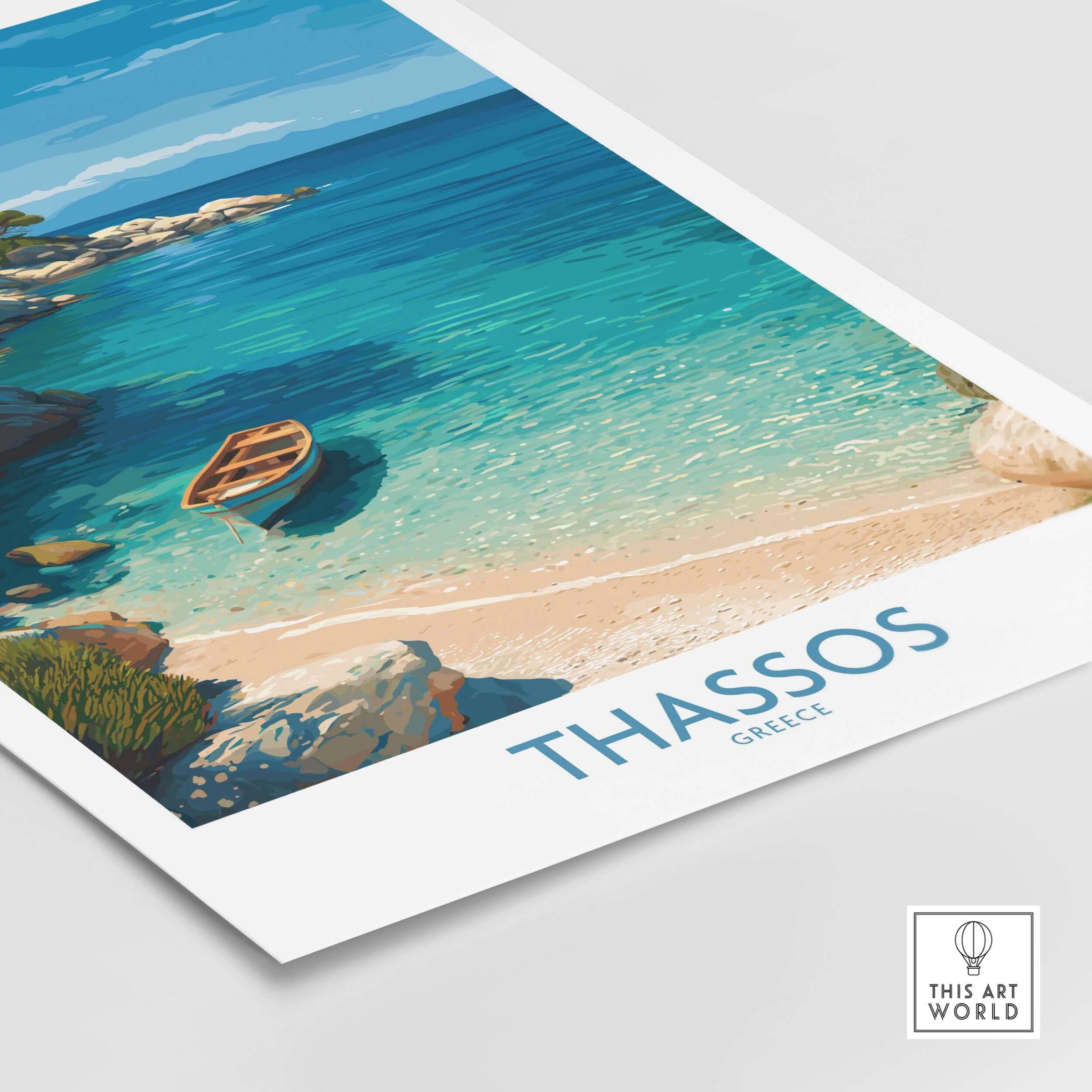 Thassos Greece Art Print featuring a serene beach scene with golden sands and a tranquil boat in sparkling waters.