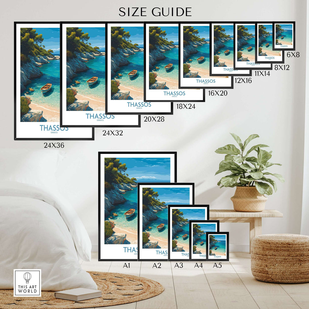 Thassos Greece Art Print size guide showcasing different frame sizes for the tranquil beach scene.