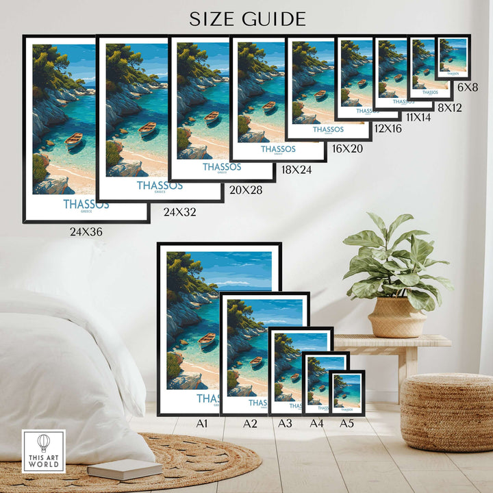 Thassos Greece Art Print size guide showcasing different frame sizes for the tranquil beach scene.