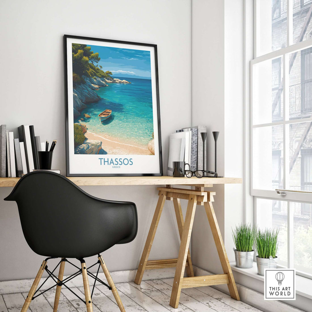Thassos Greece Art Print displayed in a modern workspace, featuring a serene beach scene and calming coastal colors.