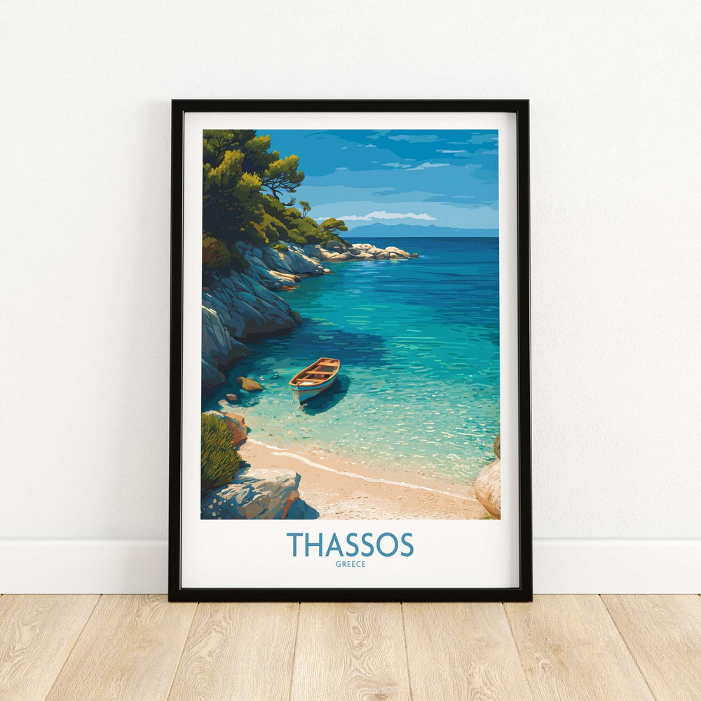 Thassos Greece Art Print featuring a serene beach scene with a boat, golden sands, and clear blue waters.