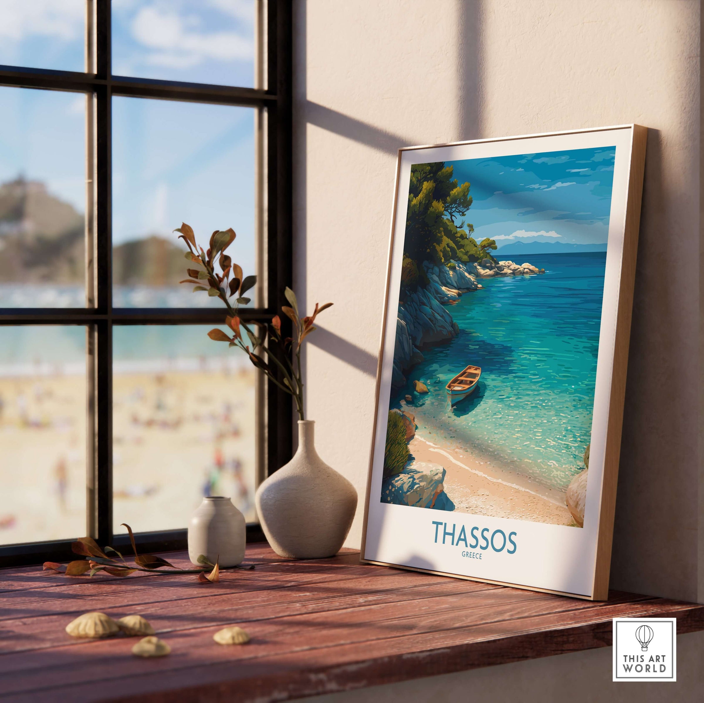 Thassos Greece Art Print showcasing a tranquil beach scene with golden sands and blue waters.