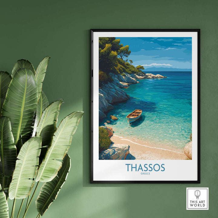 Thassos Greece Art Print showcasing a serene beach scene with turquoise waters and a small boat.