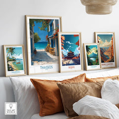 Thassos Greece Print | Island Beach Poster displayed among framed travel posters on a stylish couch.