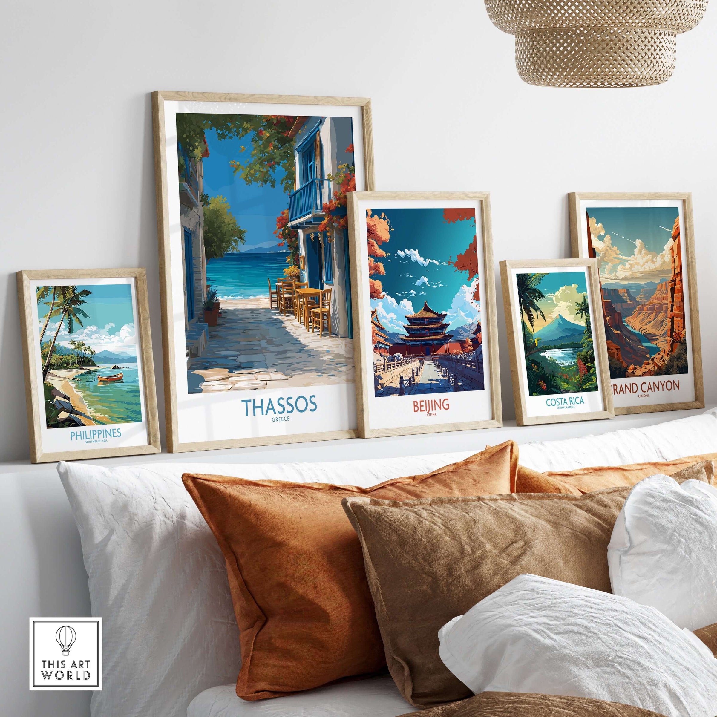 Thassos Greece Print | Island Beach Poster displayed among framed travel posters on a stylish couch.