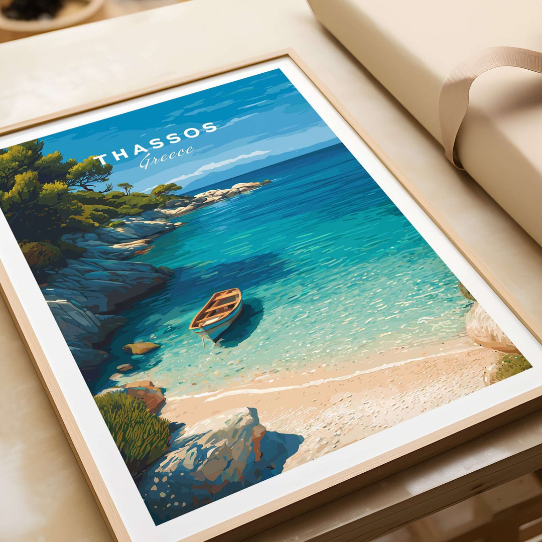 Thassos Print | Greek Island Travel Wall Decor featuring a serene beach scene with a boat in turquoise waters.