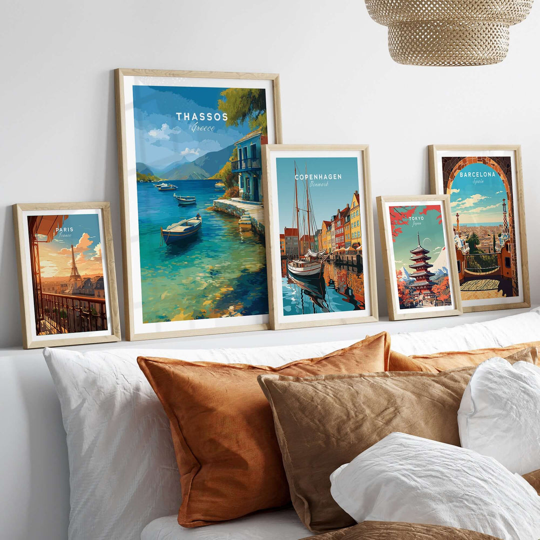 Thassos Print | Greek Home Wall Art displayed in a cozy living room setting with various other travel prints.