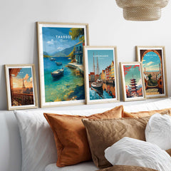 Thassos Print | Greek Home Wall Art displayed among other city prints in a cozy living room setting.