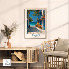 Thassos Greece Print | Island Beach Poster framed on a wall, showcasing a scenic view of a beachside street in Thassos.