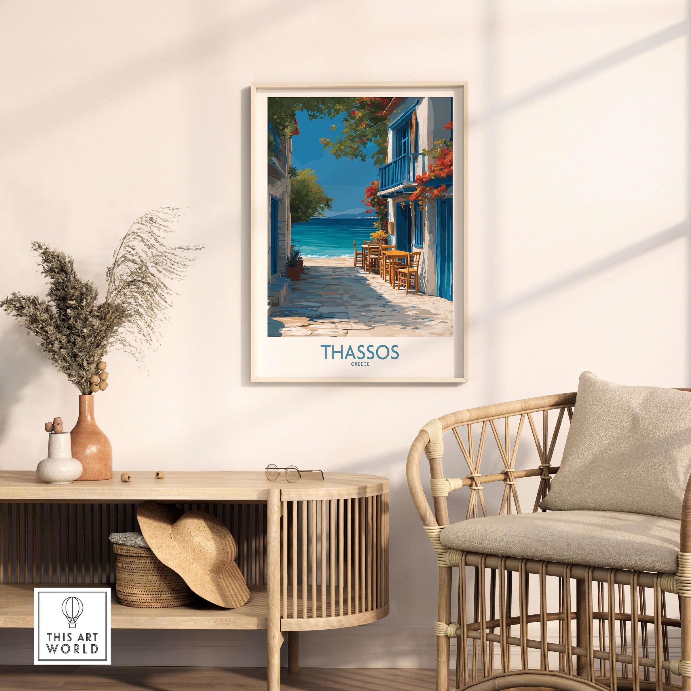 Thassos Greece Print | Island Beach Poster framed on a wall, showcasing a scenic view of a beachside street in Thassos.