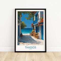 Thassos Greece Print | Island Beach Poster showcasing a street with crystal-clear waters and vibrant architecture.