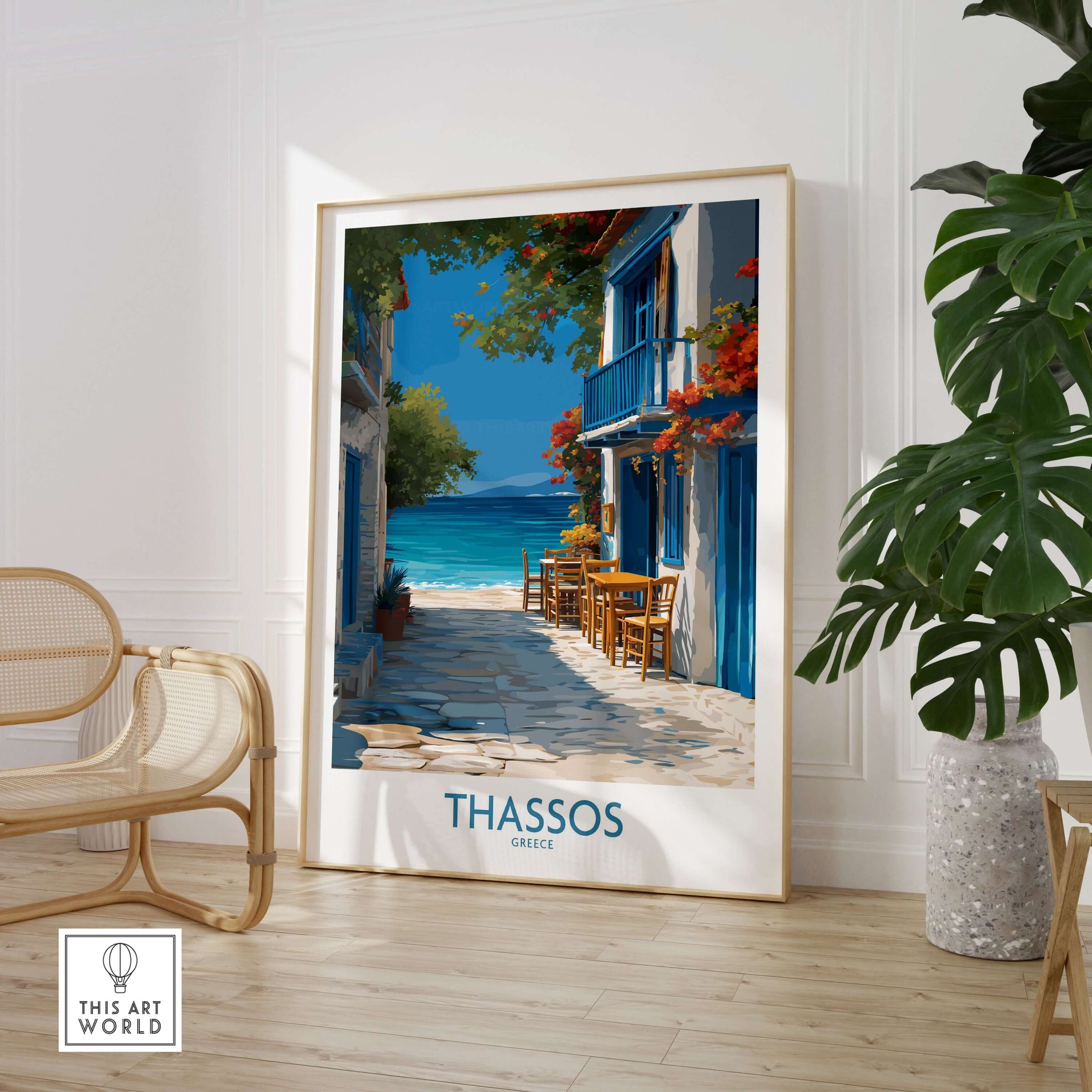 Thassos Greece Print | Island Beach Poster featuring a vibrant view of a Greek island street.