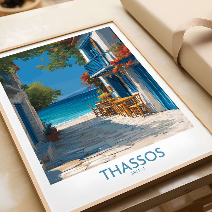 Thassos Greece Print | Island Beach Poster with vibrant blue waters and charming street setting