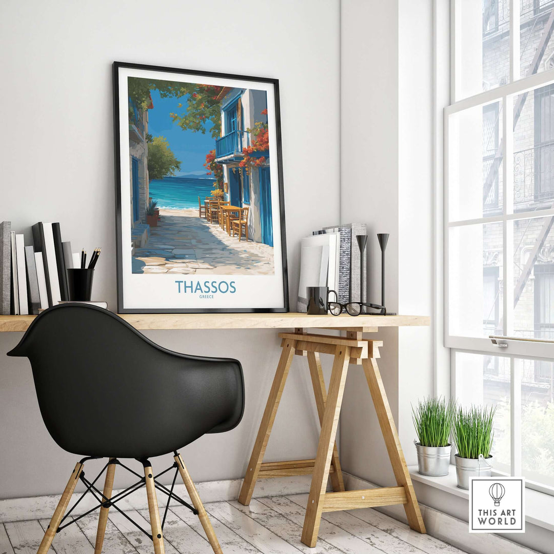 Thassos Greece Print | Island Beach Poster displayed in a modern home office setting with a serene view.