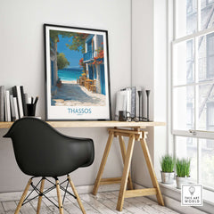 Thassos Greece Print | Island Beach Poster displayed in a modern workspace showcasing serene beach scenery.