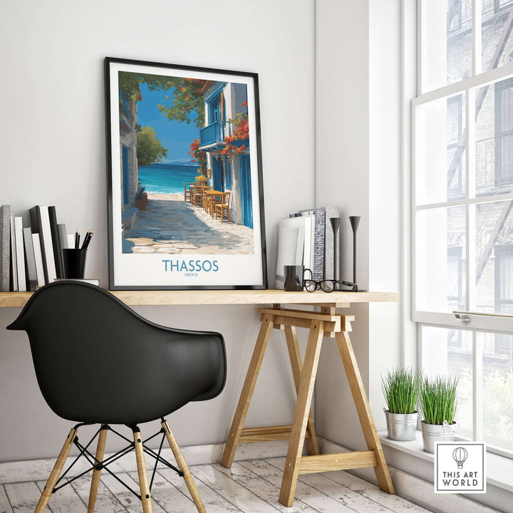 Thassos Greece Print | Island Beach Poster displayed in a modern home office setting with a serene view.
