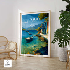 Thassos Print | Greek Home Wall Art featuring serene coastal scene of Thassos island with boats and vibrant colors.