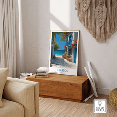 Thassos Greece Print | Island Beach Poster displayed in a stylish living room setting with natural decor.