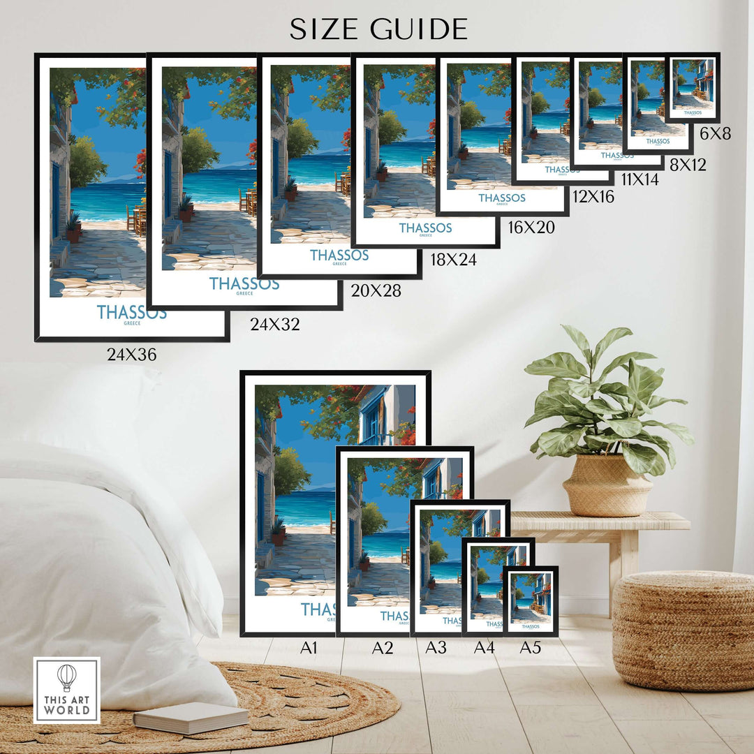 Thassos Greece Print | Island Beach Poster size guide showcasing various frame options for wall decor.