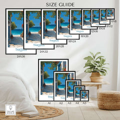 Thassos Greece Print | Island Beach Poster size guide with various print dimensions for home decor.