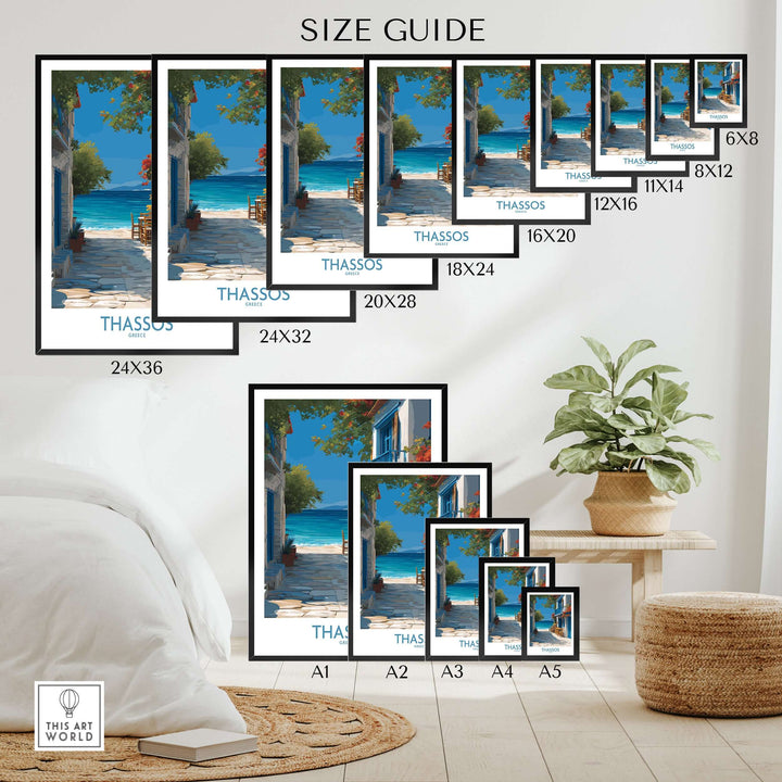 Thassos Greece Print | Island Beach Poster size guide showcasing various frame options for wall decor.