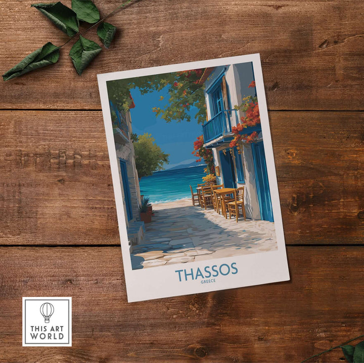 Thassos Greece Print | Island Beach Poster showcasing a serene street with blue buildings and crystal-clear waters.