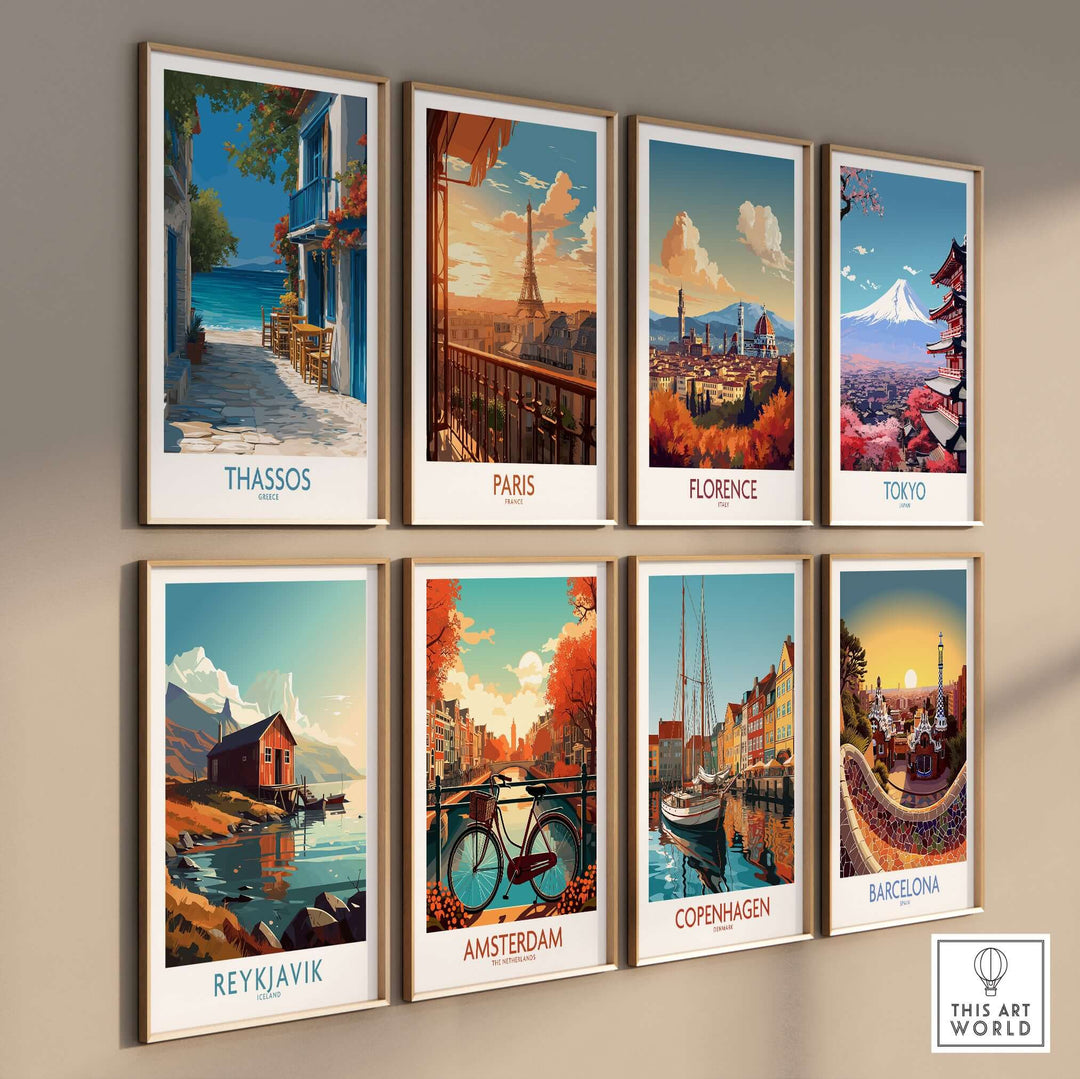 Thassos Greece Print | Island Beach Poster displayed alongside iconic city prints on a gallery wall.