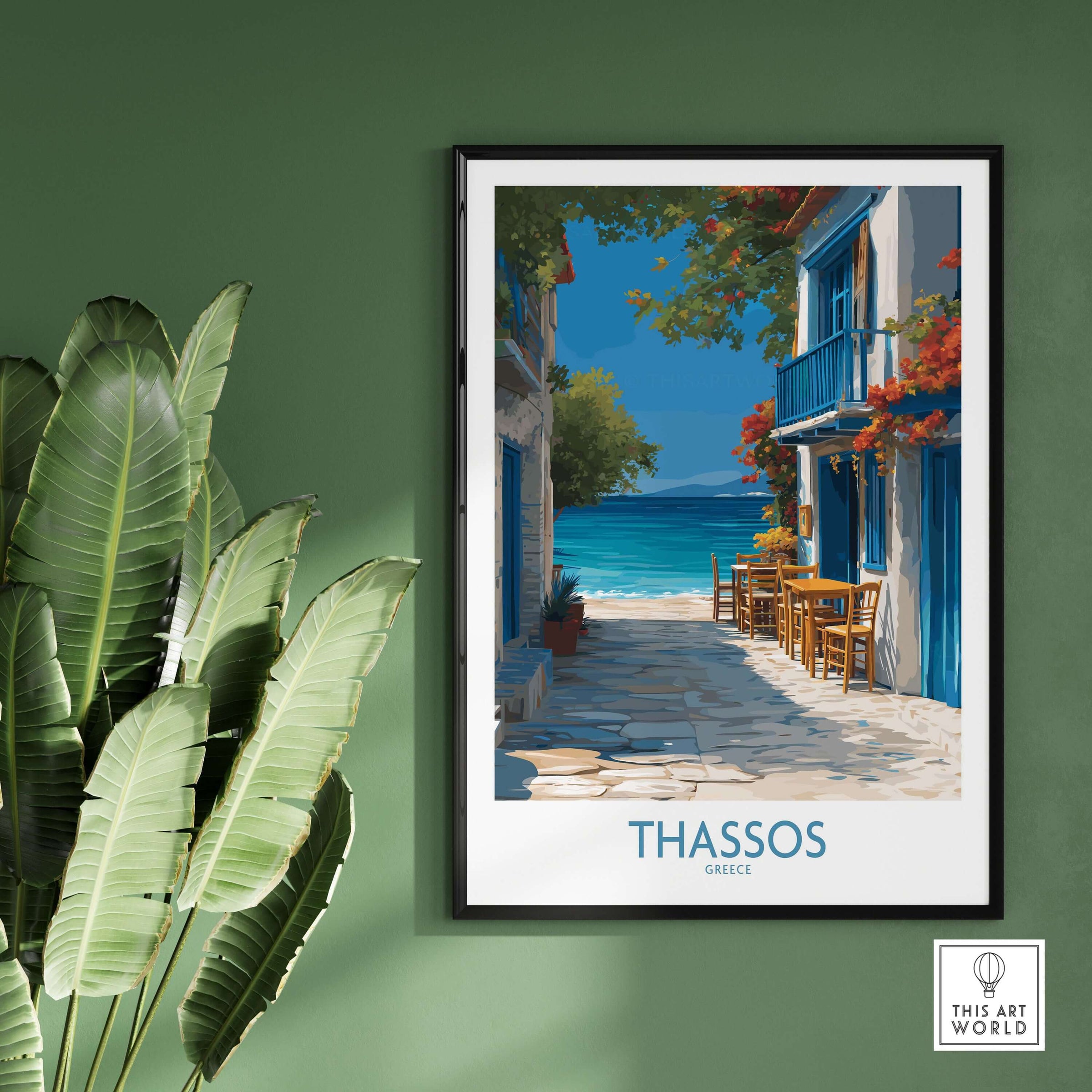 Thassos Greece Print | Island Beach Poster showcasing a street leading to crystal-clear waters and vibrant greenery.