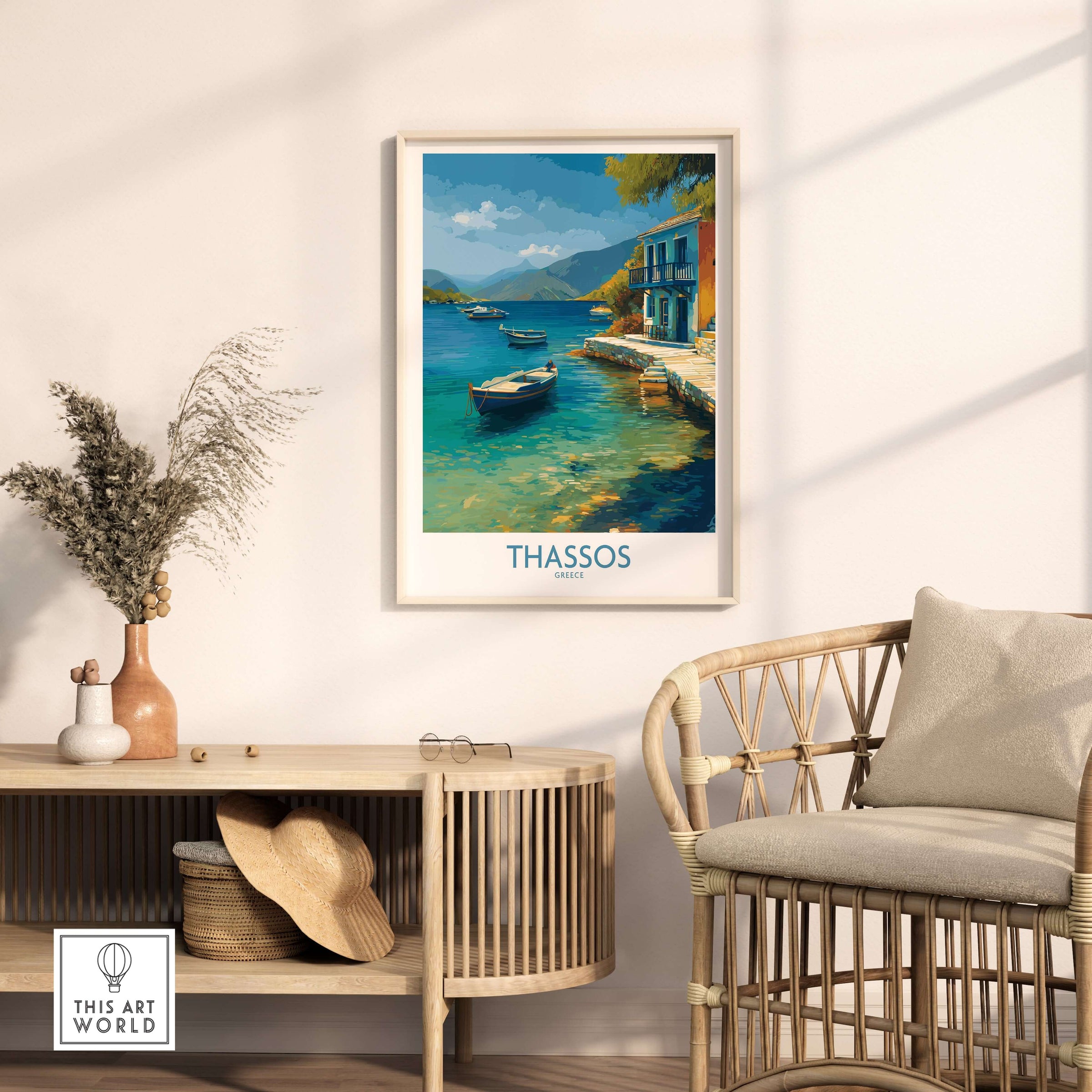 Thassos Print Greece Seascape Poster displayed in a stylish home setting, showcasing crystal-clear waters and boats.