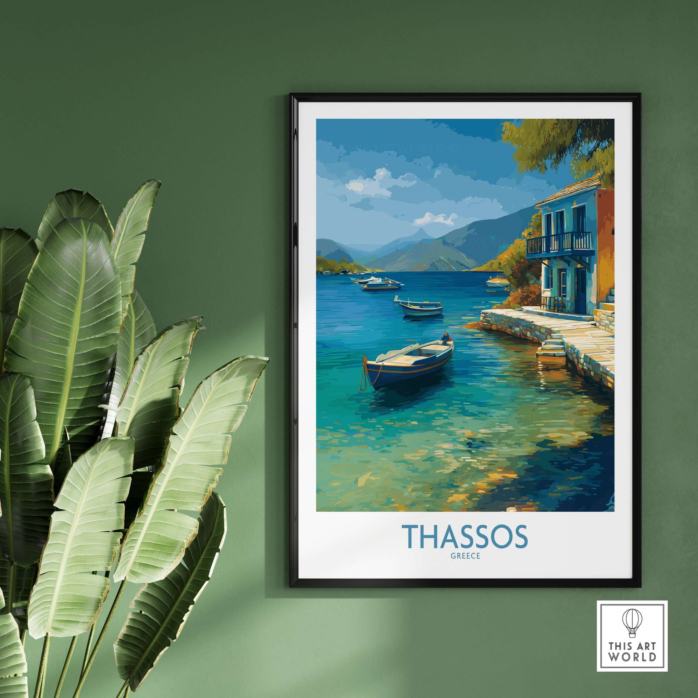 Thassos Print Greece Seascape Poster showcasing a picturesque view of the Aegean Sea with boats and coastal scenery.