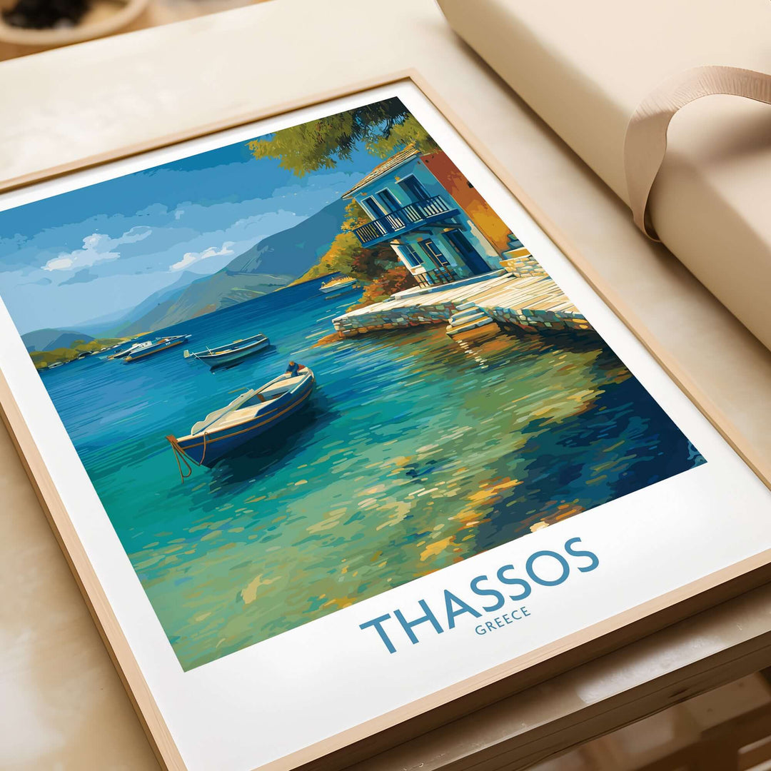 Thassos Print Greece Seascape Poster showcasing a beautiful coastal scene with boats and vibrant waters.