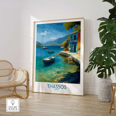 Thassos Print Greece Seascape Poster showcasing a vibrant coastal scene with boats and blue waters.