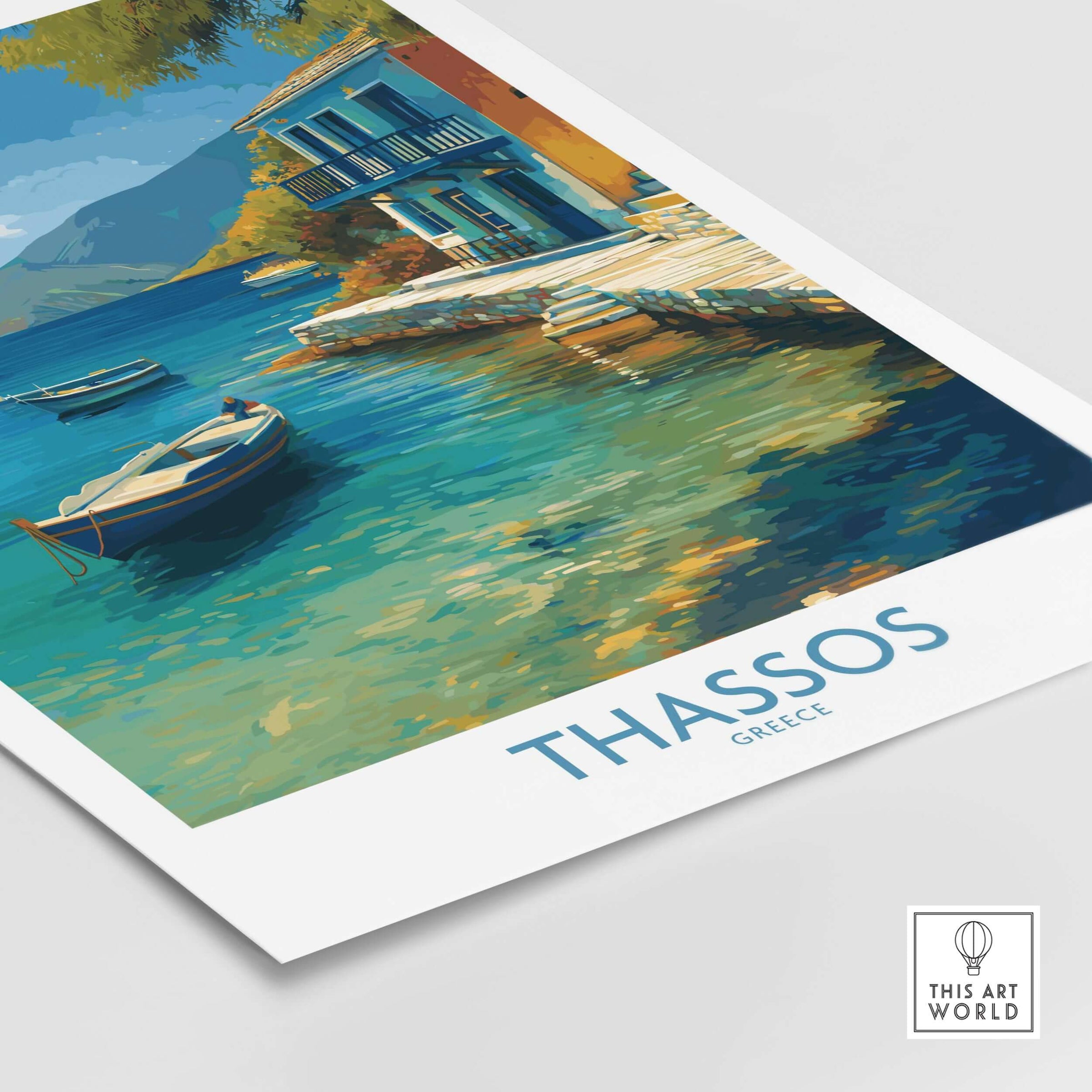 Thassos Print Greece Seascape Poster featuring a serene coastal scene with boats and vibrant blue waters.