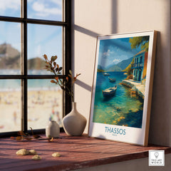 Thassos Print Greece Seascape Poster displayed in a sunlit room near a window, showcasing Aegean waters and boats.