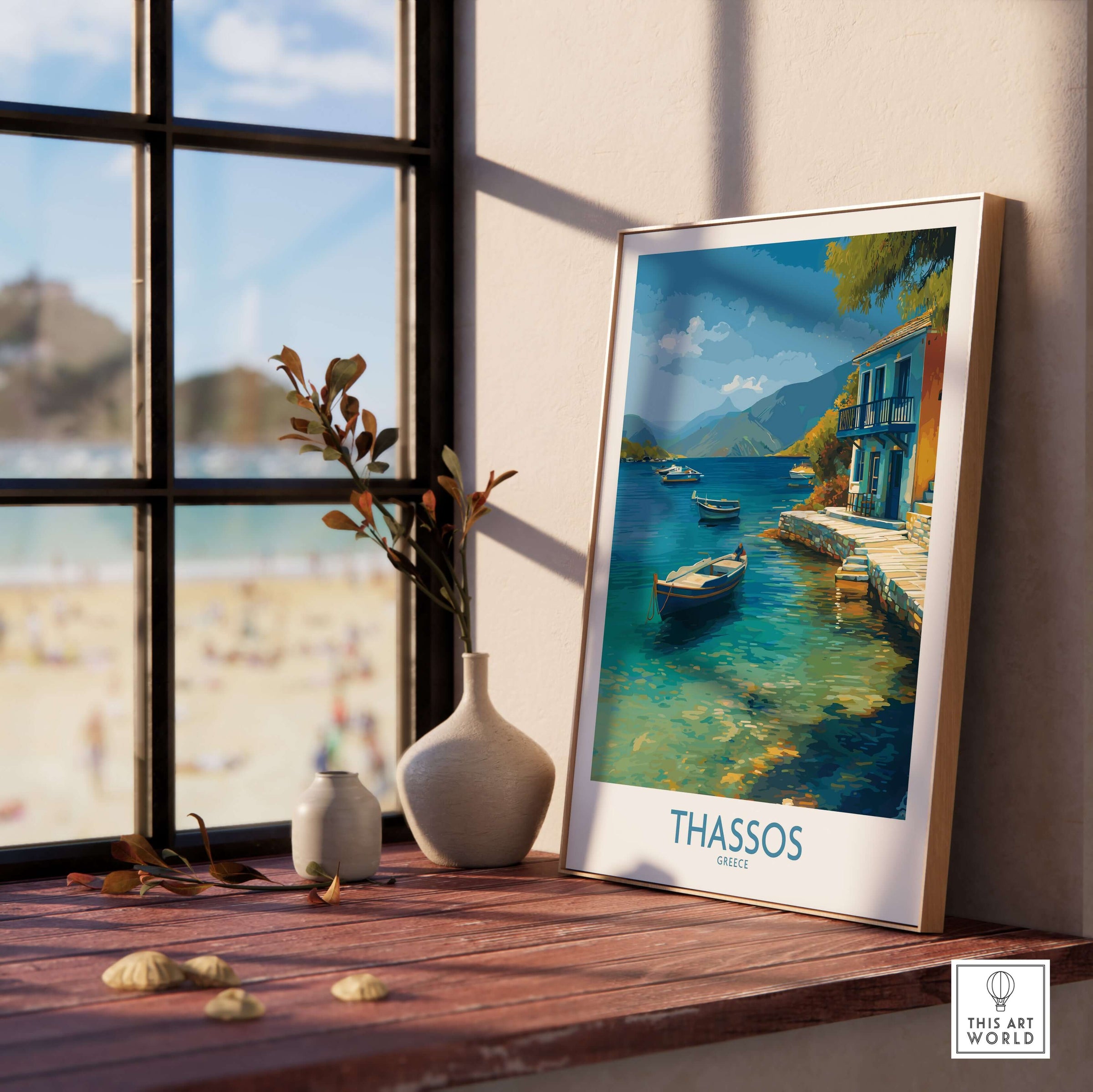 Thassos Print Greece Seascape Poster displayed in a sunlit room near a window, showcasing Aegean waters and boats.