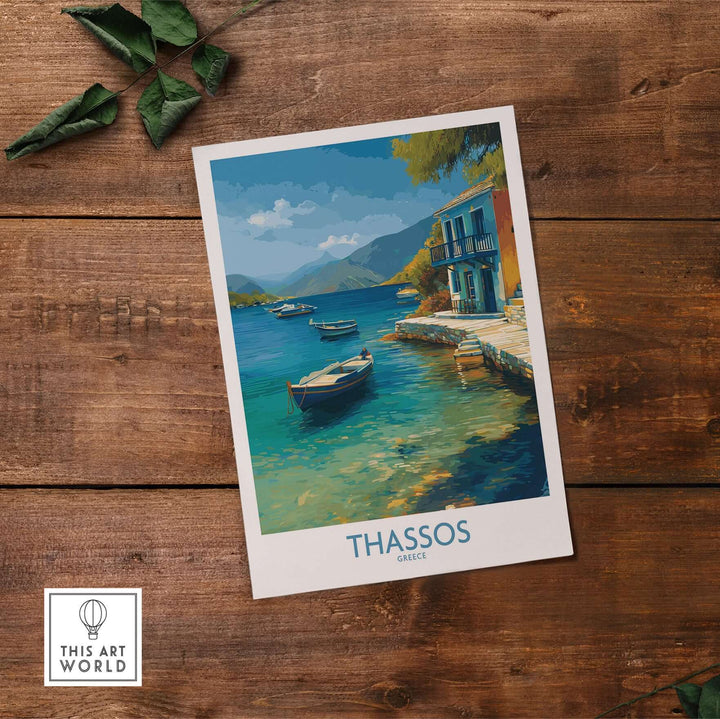 Thassos Print Greece Seascape Poster featuring vibrant waters and a boat in the picturesque Thassos coastline.