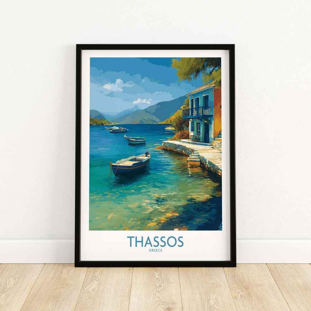 Thassos Print Greece Seascape Poster featuring boats and waterfront in vibrant colors.