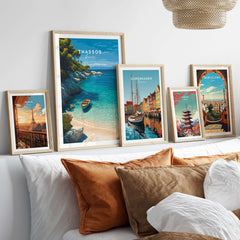 Thassos Print | Greek Island Travel Wall Decor displayed alongside other travel prints in a cozy living space.